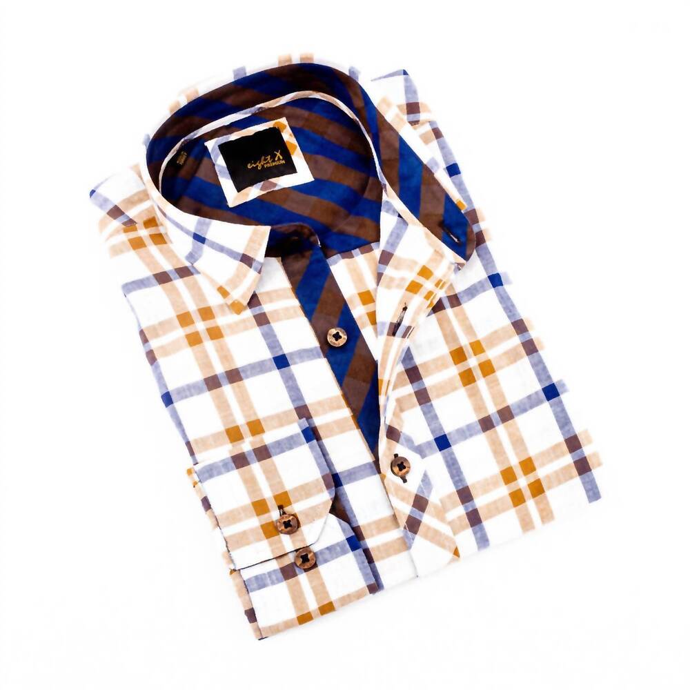 NEW EIGHT X men's plaid shirt in brown on white
